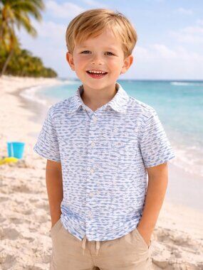 NWT OshKosh B’gosh Toddler Boy Shark Print Button Down Shirt 3T Blue White Short